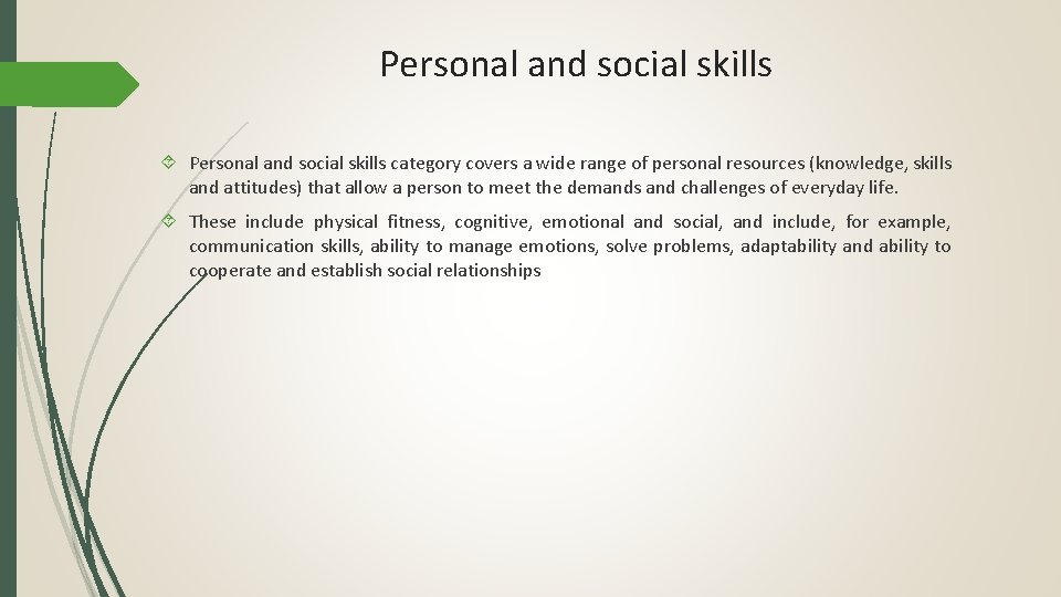 Personal and social skills category covers a wide range of personal resources (knowledge, skills