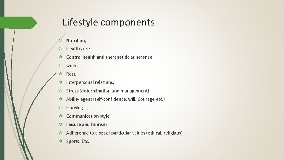 Lifestyle components Nutrition, Health care, Control health and therapeutic adherence work Rest, Interpersonal relations,