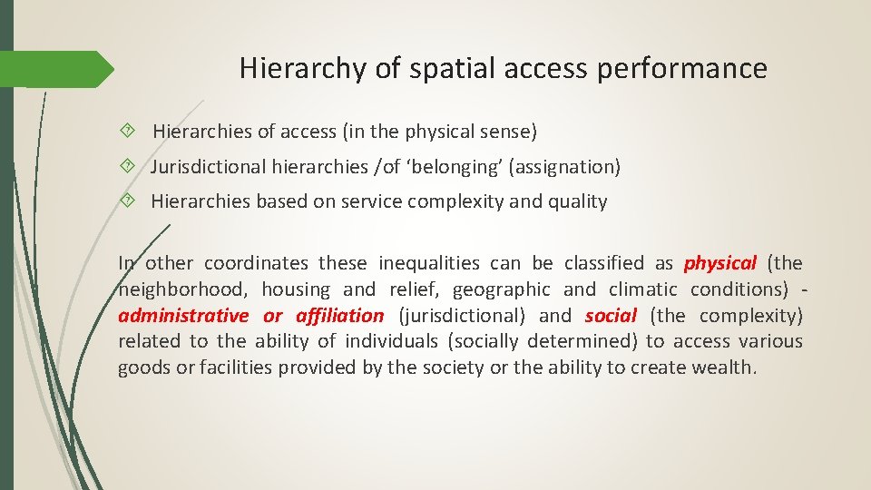 Hierarchy of spatial access performance Hierarchies of access (in the physical sense) Jurisdictional hierarchies