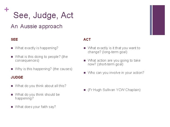 + See, Judge, Act An Aussie approach SEE ACT n What exactly is happening? + See, Judge, Act An Aussie approach SEE ACT n What exactly is happening?