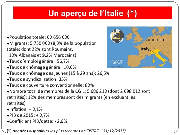 Un aperçu de l’Italie (*) ●Population totale: 60 656 000 ●Migrants: 5 730 000