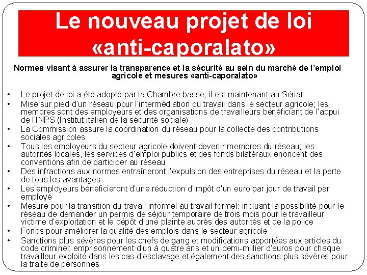 Le nouveau projet de loi «anti-caporalato» Normes visant à assurer la transparence et la