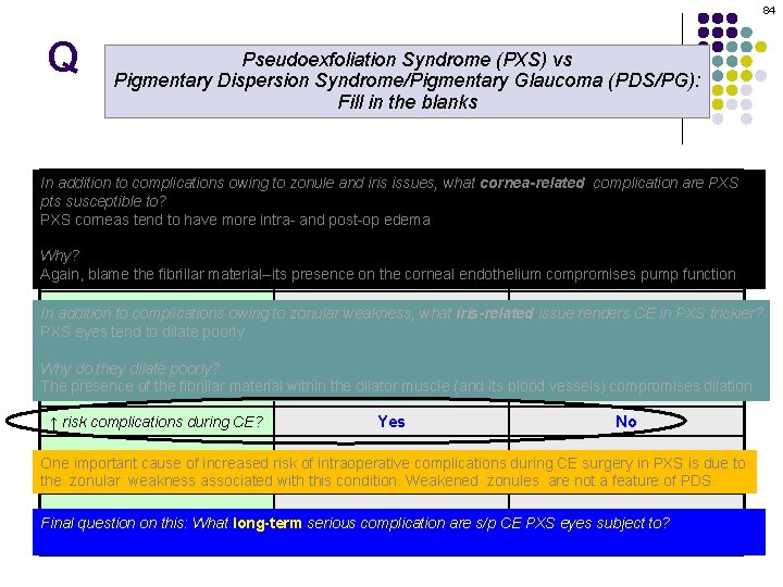 84 Q Pseudoexfoliation Syndrome (PXS) vs Pigmentary Dispersion Syndrome/Pigmentary Glaucoma (PDS/PG): Fill in the