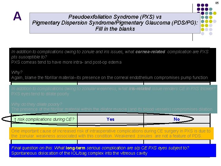 85 A Pseudoexfoliation Syndrome (PXS) vs Pigmentary Dispersion Syndrome/Pigmentary Glaucoma (PDS/PG): Fill in the