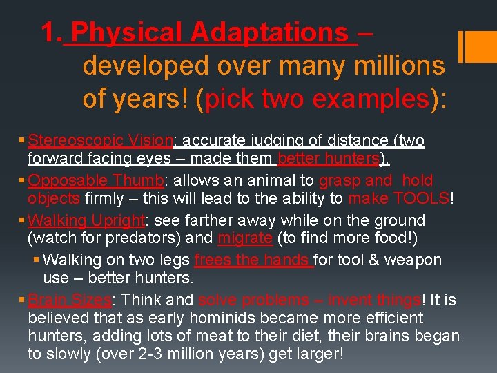 1. Physical Adaptations – developed over many millions of years! (pick two examples): §