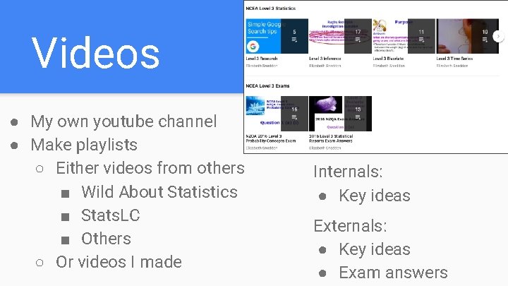 Videos ● My own youtube channel ● Make playlists ○ Either videos from others Videos ● My own youtube channel ● Make playlists ○ Either videos from others