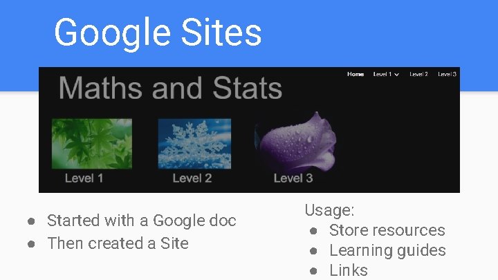 Google Sites ● Started with a Google doc ● Then created a Site Usage: Google Sites ● Started with a Google doc ● Then created a Site Usage: