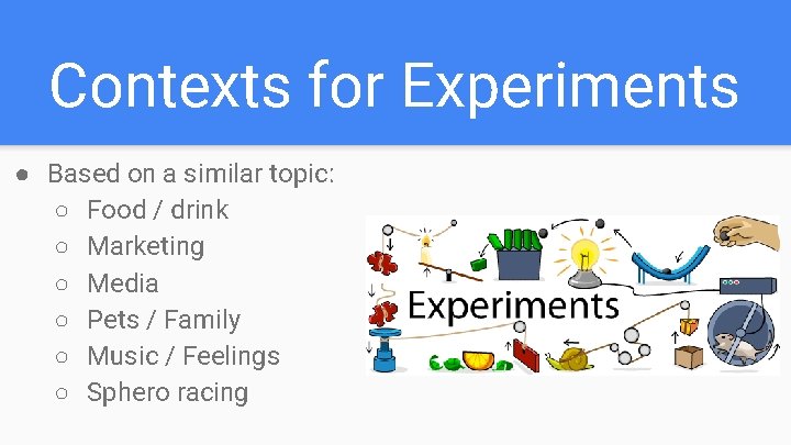 Contexts for Experiments ● Based on a similar topic: ○ Food / drink ○ Contexts for Experiments ● Based on a similar topic: ○ Food / drink ○