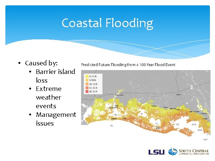 Coastal Flooding • Caused by: • Barrier island loss • Extreme weather events •