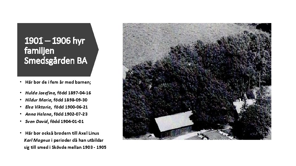 1901 – 1906 hyr familjen Smedsgården BA • Här bor de i fem år 1901 – 1906 hyr familjen Smedsgården BA • Här bor de i fem år