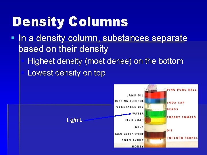 Density Columns § In a density column, substances separate based on their density §