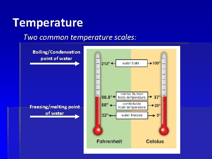 Temperature Two common temperature scales: Boiling/Condensation point of water Freezing/melting point of water 