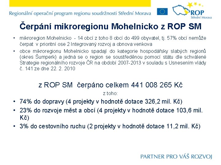 Čerpání mikroregionu Mohelnicko z ROP SM • mikroregion Mohelnicko - 14 obcí z toho