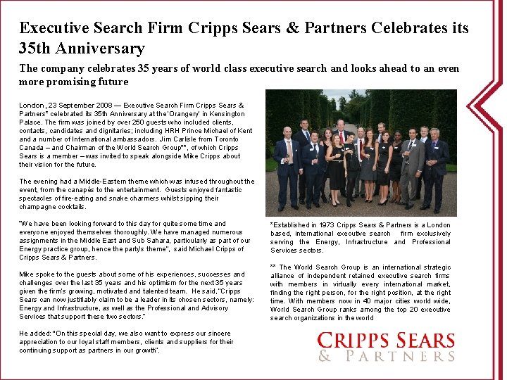Executive Search Firm Cripps Sears & Partners Celebrates its 35 th Anniversary The company