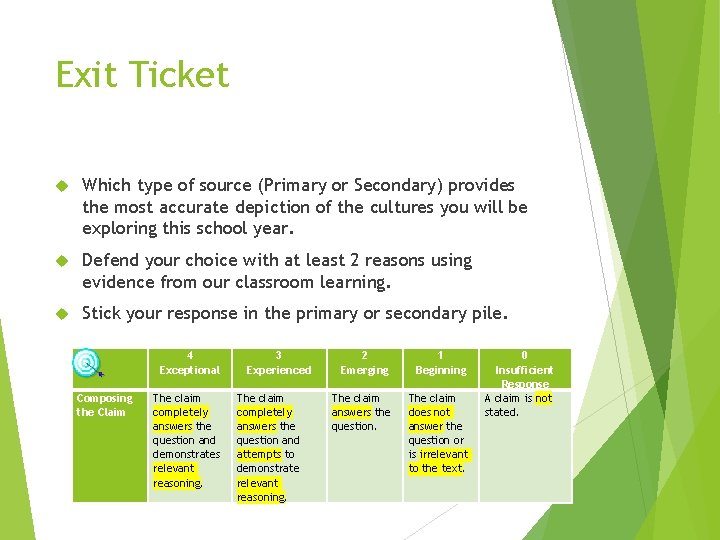 Exit Ticket Which type of source (Primary or Secondary) provides the most accurate depiction