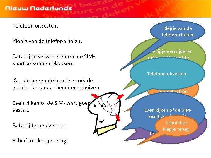 Telefoon uitzetten. Klepje van de telefoon halen. Batterijtje verwijderen om de SIMkaart te kunnen