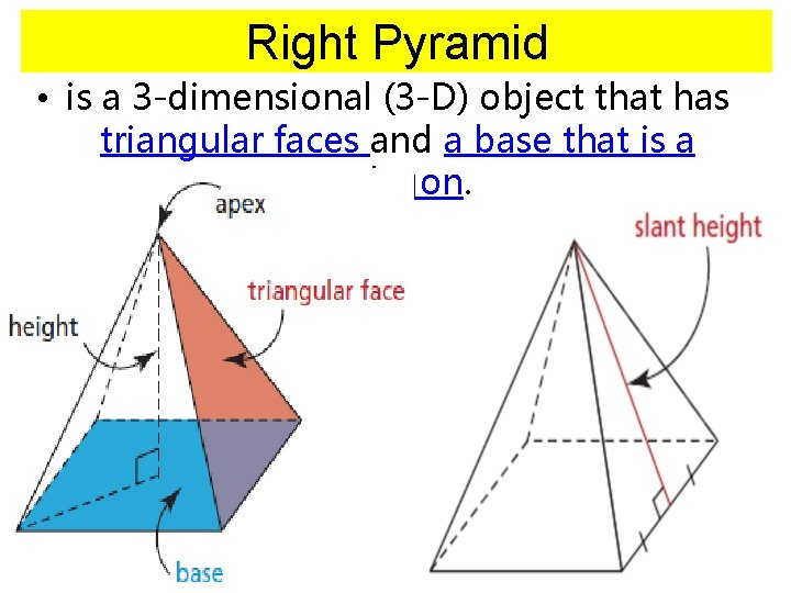 Right Pyramid • is a 3 -dimensional (3 -D) object that has triangular faces Right Pyramid • is a 3 -dimensional (3 -D) object that has triangular faces