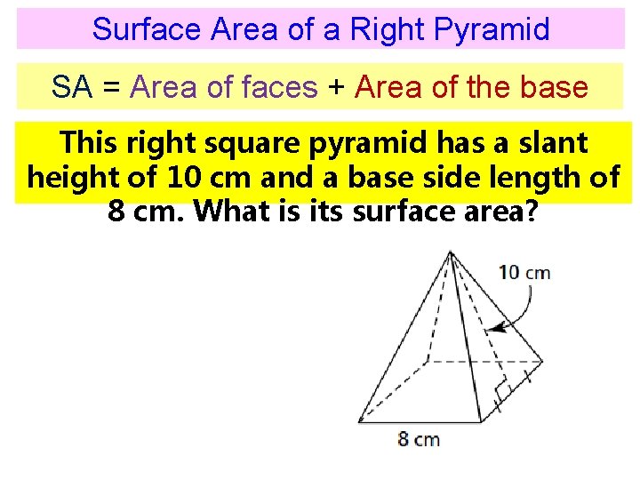 Surface Area of a Right Pyramid SA = Area of faces + Area of Surface Area of a Right Pyramid SA = Area of faces + Area of