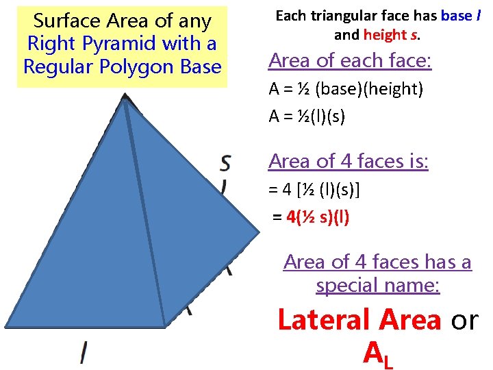 Surface Area of any Right Pyramid with a Regular Polygon Base Each triangular face Surface Area of any Right Pyramid with a Regular Polygon Base Each triangular face