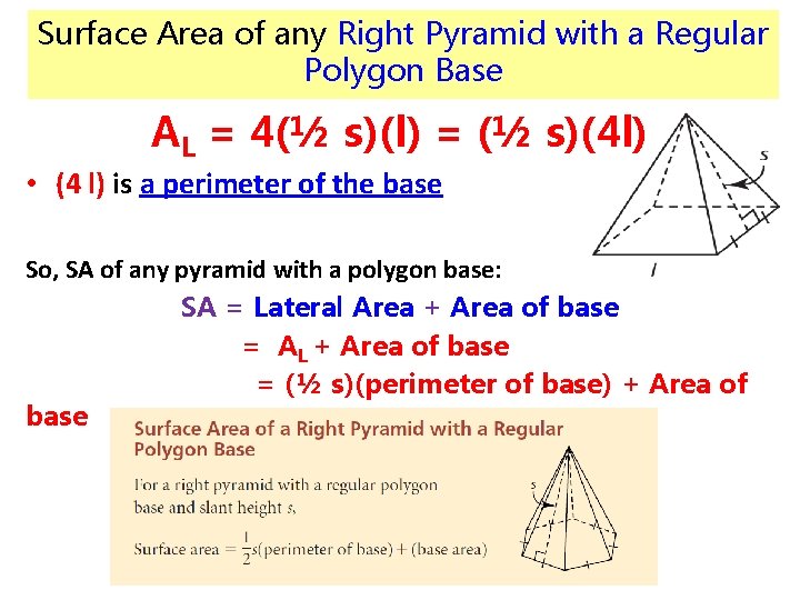 Surface Area of any Right Pyramid with a Regular Polygon Base AL = 4(½ Surface Area of any Right Pyramid with a Regular Polygon Base AL = 4(½