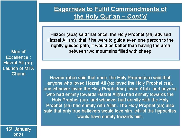Eagerness to Fulfil Commandments of the Holy Qur’an – Cont’d Men of Excellence :