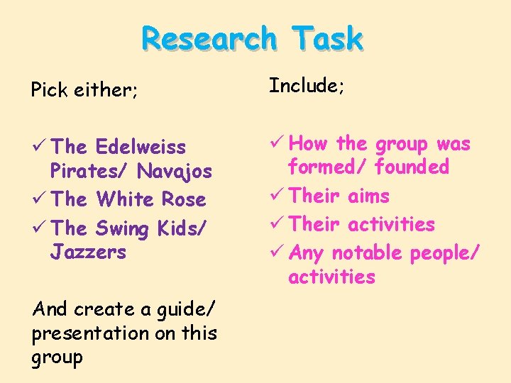 Research Task Pick either; Include; ü The Edelweiss Pirates/ Navajos ü The White Rose