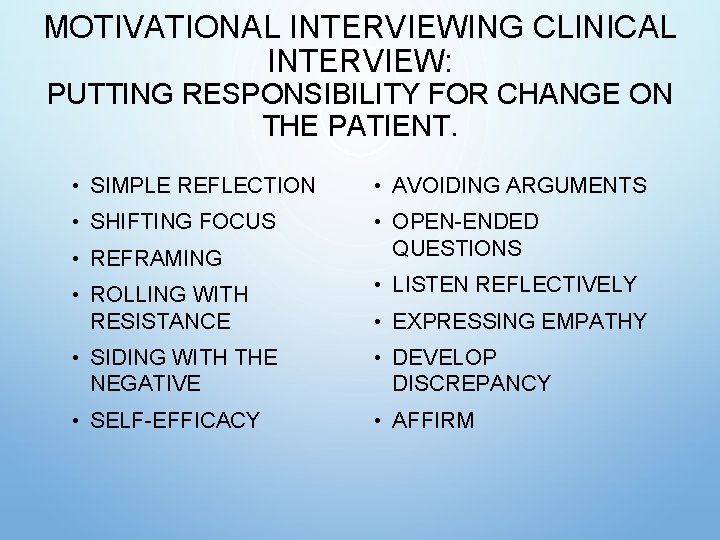 MOTIVATIONAL INTERVIEWING CLINICAL INTERVIEW: PUTTING RESPONSIBILITY FOR CHANGE ON THE PATIENT. • SIMPLE REFLECTION MOTIVATIONAL INTERVIEWING CLINICAL INTERVIEW: PUTTING RESPONSIBILITY FOR CHANGE ON THE PATIENT. • SIMPLE REFLECTION