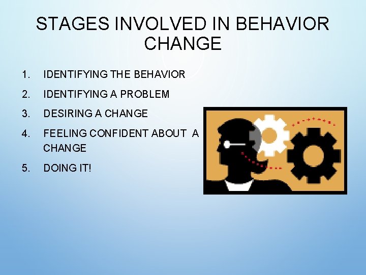 STAGES INVOLVED IN BEHAVIOR CHANGE 1. IDENTIFYING THE BEHAVIOR 2. IDENTIFYING A PROBLEM 3. STAGES INVOLVED IN BEHAVIOR CHANGE 1. IDENTIFYING THE BEHAVIOR 2. IDENTIFYING A PROBLEM 3.