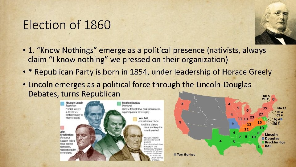 Election of 1860 • 1. “Know Nothings” emerge as a political presence (nativists, always