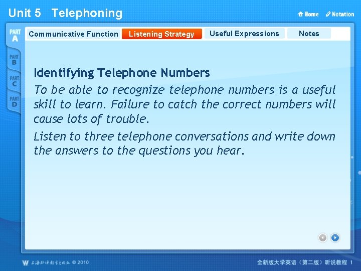 Unit 5 Telephoning Communicative Function Listening Strategy Useful Expressions Notes Identifying Telephone Numbers To