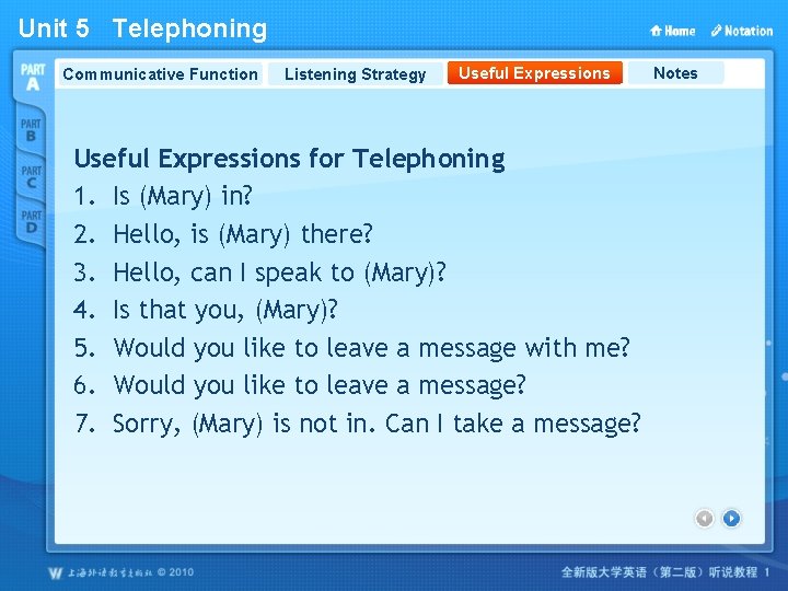 Unit 5 Telephoning Communicative Function Listening Strategy Useful Expressions for Telephoning 1. Is (Mary)