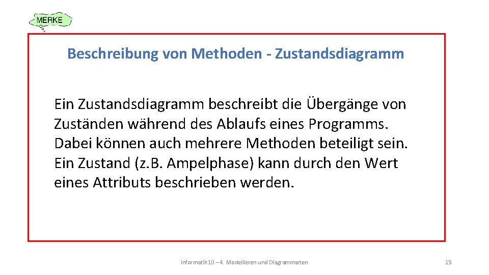 Beschreibung von Methoden - Zustandsdiagramm Ein Zustandsdiagramm beschreibt die Übergänge von Zuständen während des Beschreibung von Methoden - Zustandsdiagramm Ein Zustandsdiagramm beschreibt die Übergänge von Zuständen während des