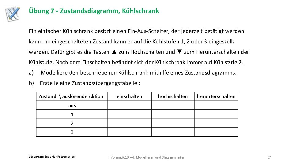 Übung 7 – Zustandsdiagramm, Kühlschrank Ein einfacher Ku hlschrank besitzt einen Ein-Aus-Schalter, der jederzeit