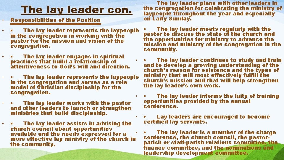 The lay leader con. • • Responsibilities of the Position • • • The