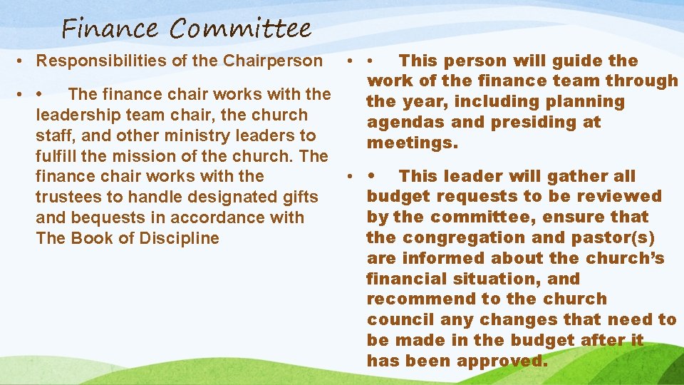 Finance Committee • • This person will guide the work of the finance team