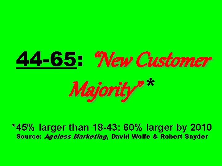 44 -65: “New Customer Majority” * *45% larger than 18 -43; 60% larger by