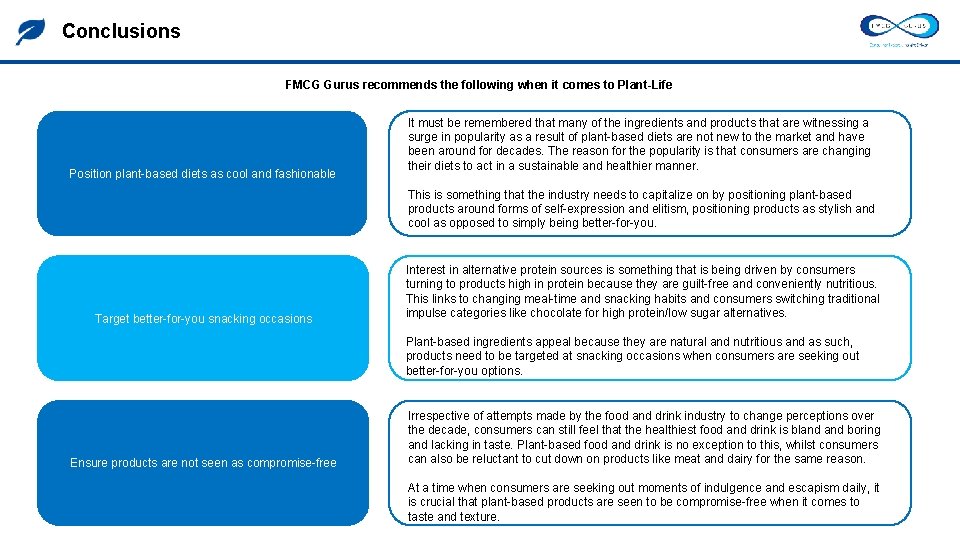 Conclusions FMCG Gurus recommends the following when it comes to Plant-Life Position plant-based diets