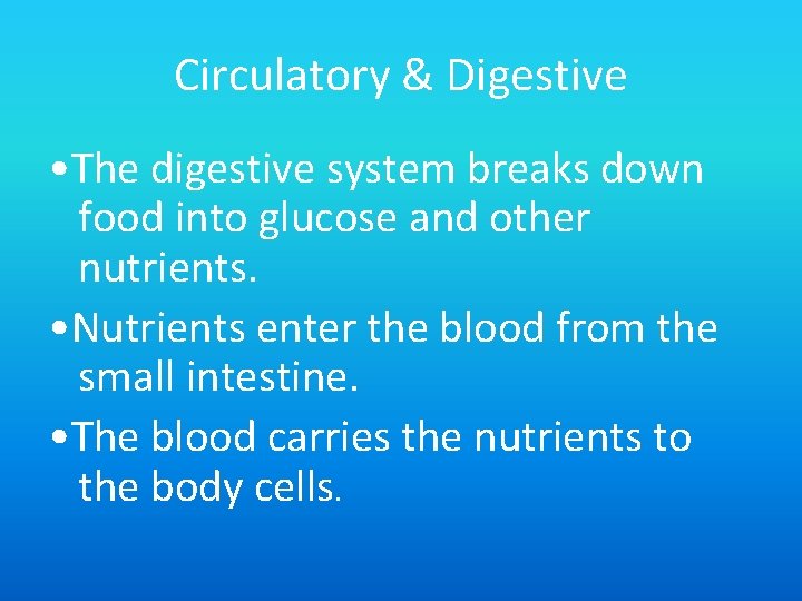 Circulatory & Digestive • The digestive system breaks down food into glucose and other