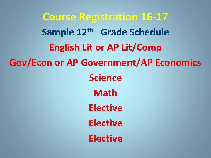 Course Registration 16 -17 Sample 12 th Grade Schedule English Lit or AP Lit/Comp