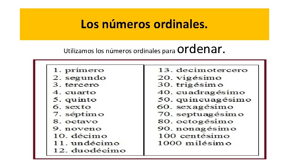 Los números ordinales. Utilizamos los números ordinales para ordenar. 