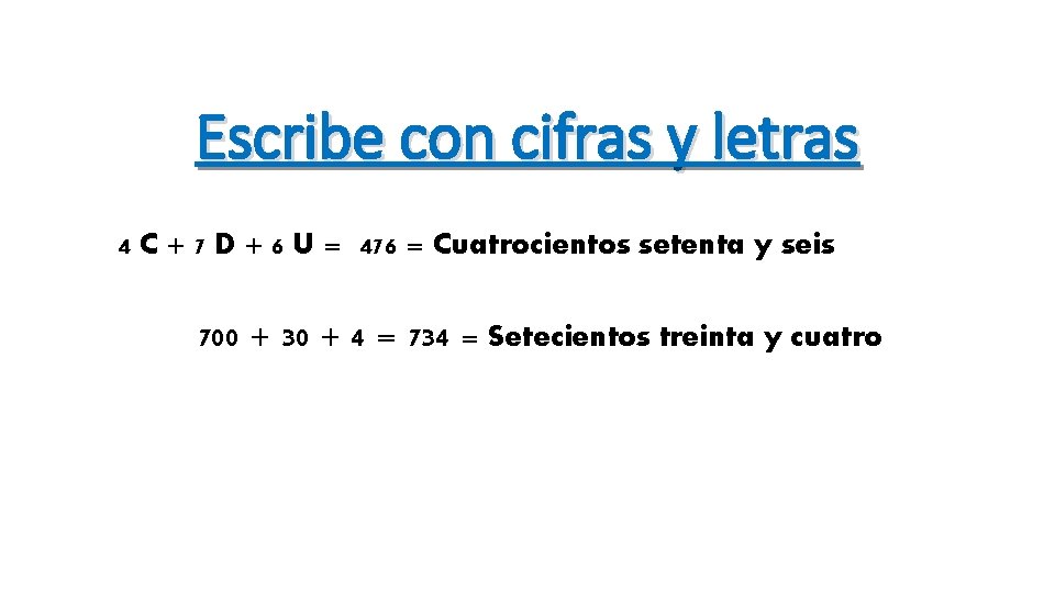 Escribe con cifras y letras 4 C + 7 D + 6 U =