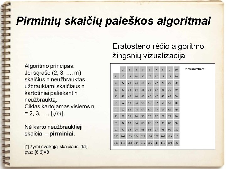 Pirminių skaičių paieškos algoritmai Eratosteno rėčio algoritmo žingsnių vizualizacija 