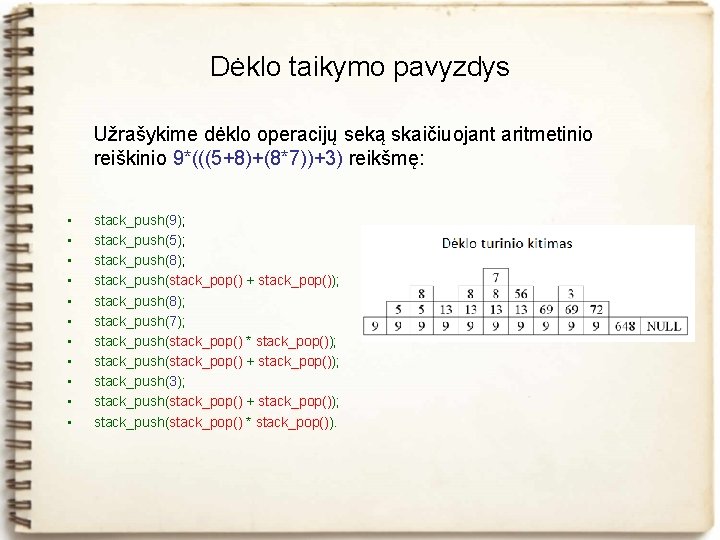 Dėklo taikymo pavyzdys Užrašykime dėklo operacijų seką skaičiuojant aritmetinio reiškinio 9*(((5+8)+(8*7))+3) reikšmę: • •