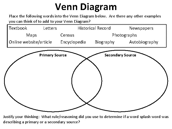 Venn Diagram Place the following words into the Venn Diagram below. Are there any
