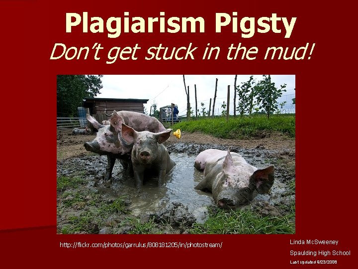 Plagiarism Pigsty Don’t get stuck in the mud! http: //flickr. com/photos/garrulus/808181205/in/photostream/ Linda Mc. Sweeney