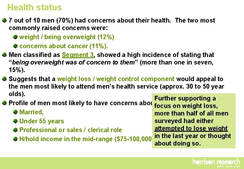 Health status 7 out of 10 men (70%) had concerns about their health. The