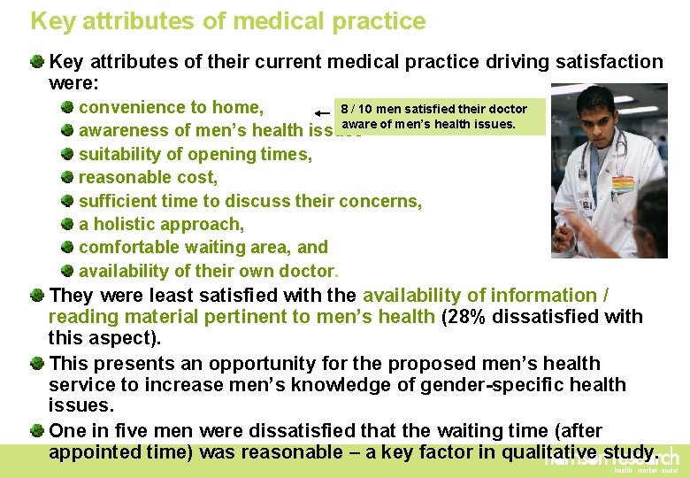 Key attributes of medical practice Key attributes of their current medical practice driving satisfaction