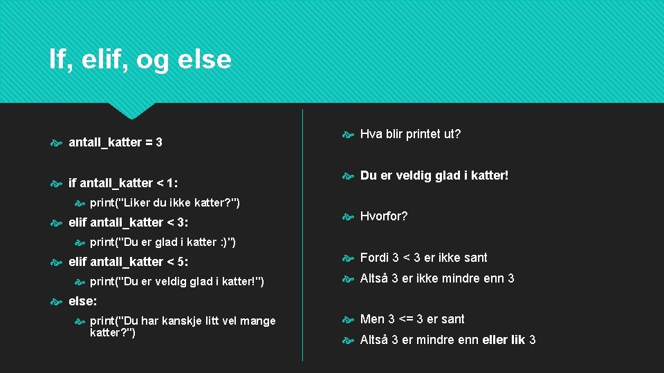 If, elif, og else antall_katter = 3 if antall_katter < 1: Hva blir printet