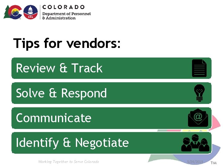 Tips for vendors: Review & Track Solve & Respond Communicate Identify & Negotiate Working Tips for vendors: Review & Track Solve & Respond Communicate Identify & Negotiate Working