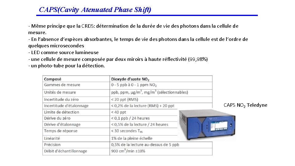 CAPS(Cavity Atenuated Phase Shift) ‐ Même principe que la CRDS: détermination de la durée